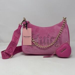 Juicy Couture Velour Pink Handbag Purse Gold chain With Coin Purse Embellished